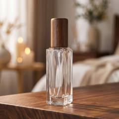 Wholesale Small Square Glass Perfume Bottle with Wooden Cap Refillable Empty Bottle for Essential Oil and Cosmetic Packaging