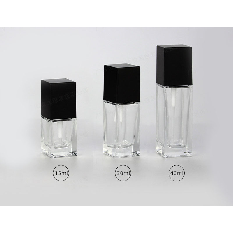 Low MOQ Empty 30ml clear square Glass Cosmetic Black Press Pump Liquid Foundation Bottle