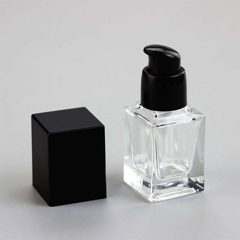 Low MOQ Empty 30ml clear square Glass Cosmetic Black Press Pump Liquid Foundation Bottle