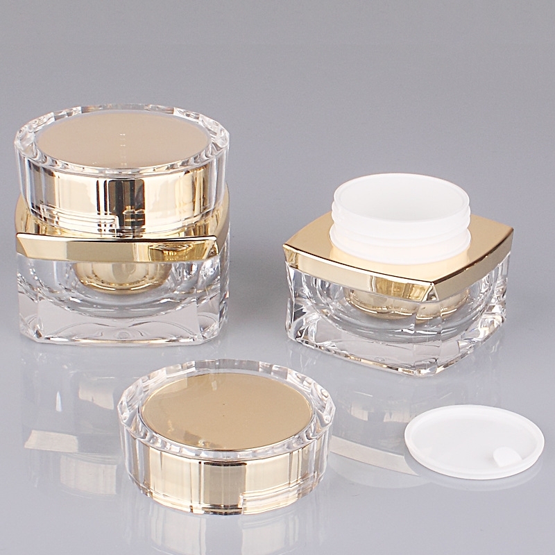 High-Grade 5g 10g 20g 30g 50g Gold Acrylic Cosmetic Packaging Square Cream Jars with Round Cap Pump Sprayer for Loose Powder
