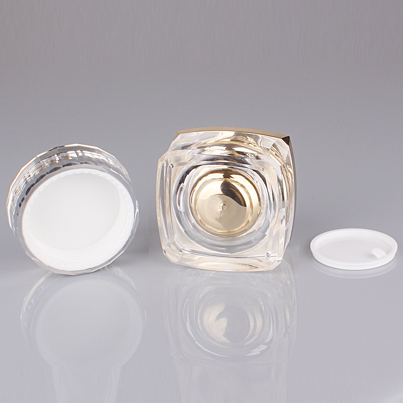 High-Grade 5g 10g 20g 30g 50g Gold Acrylic Cosmetic Packaging Square Cream Jars with Round Cap Pump Sprayer for Loose Powder