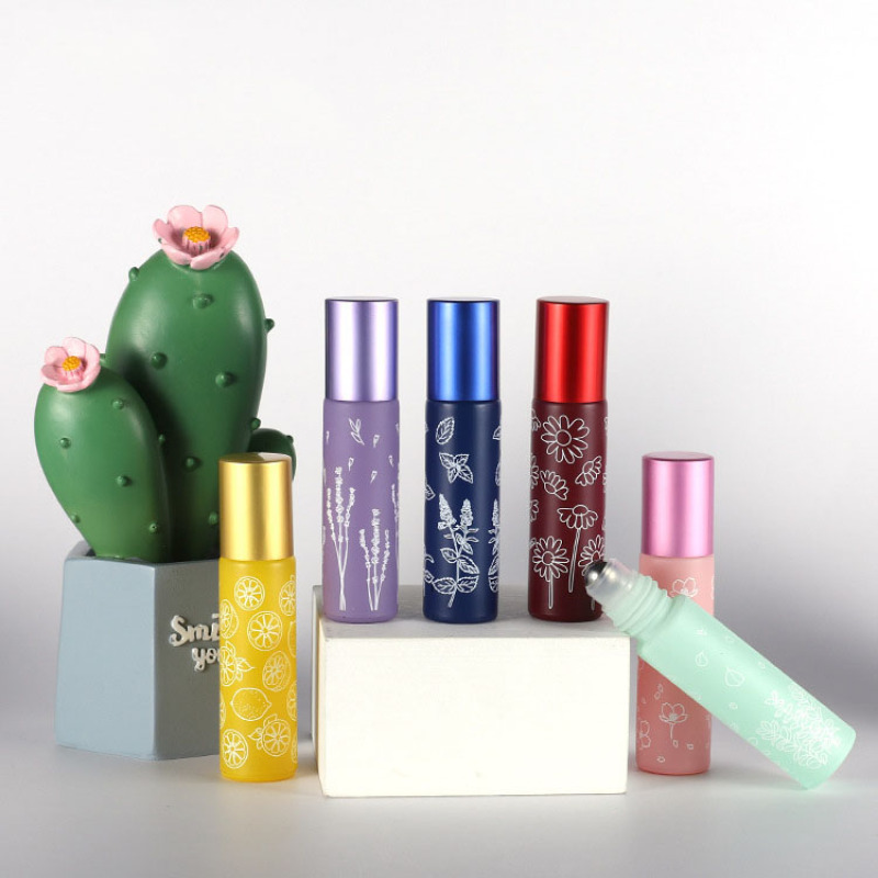 Fancy Color Printed Glass Perfume Roller for Ball Bottle 10ml Empty Mini Cosmetic Essential Oil Container with Colorful Cap