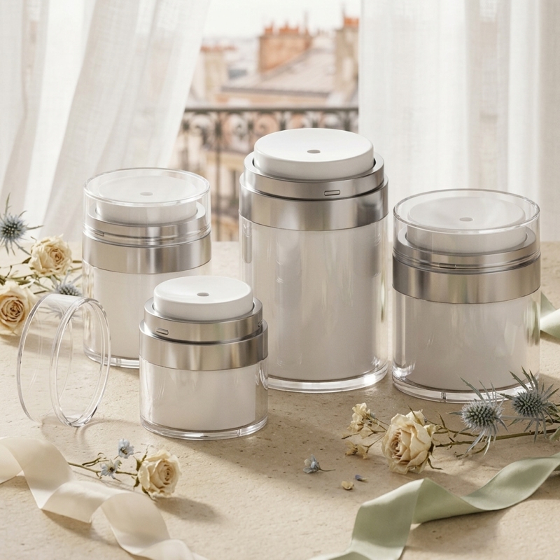50ml Clear Acrylic Airless Jar Empty Vacuum Pump Cream Container with Silver Band Transparent Lid for Skincare Face Cream Serum