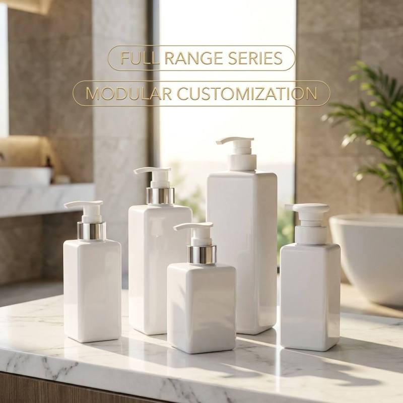 Reusable Luxury 500ml White Squared Press Body Lotion Shampoo Bottle with Plating Pump