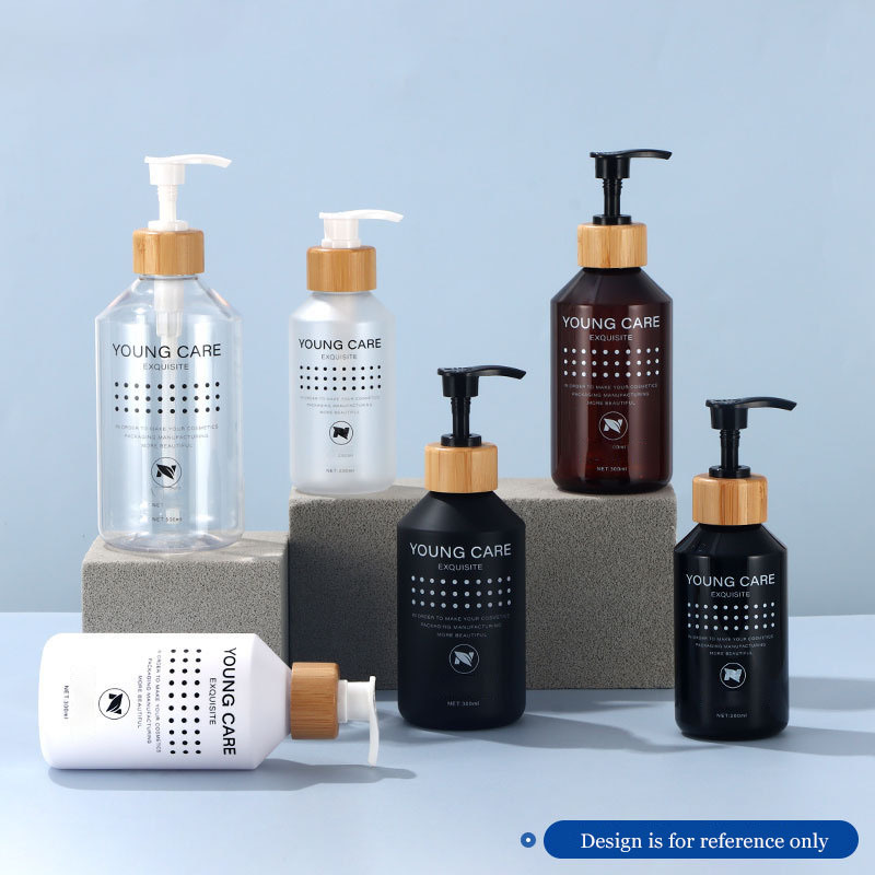 Press Lotion Bottle 300ml 500ml Matte Black Brown White Plastic Empty Shampoo Scrub Pet Bottle with Bamboo Pump