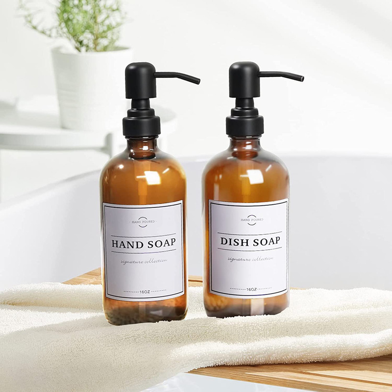 500ml Brown Glass Hand Sanitizer Lotion Bottle Glass Stainless Steel Pump Head Soap Liquid Amber Glass Bottle