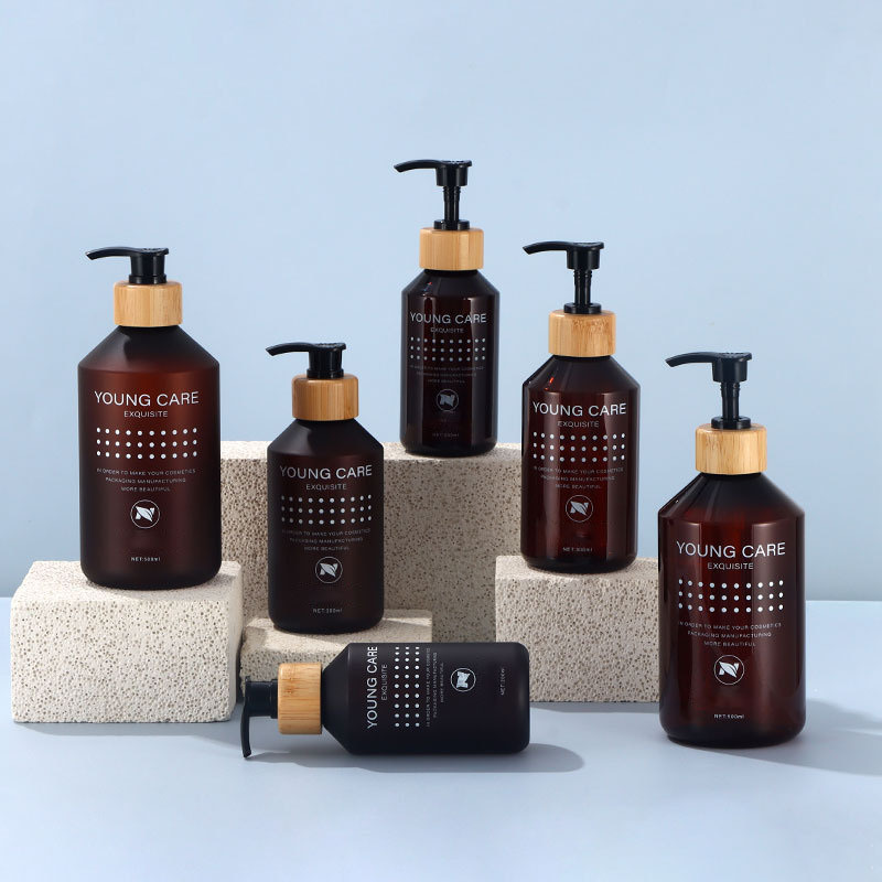 200ml High Quality Oblique Shoulder Matte Black Plastic Bamboo Pump Empty Shampoo Pet Bottle