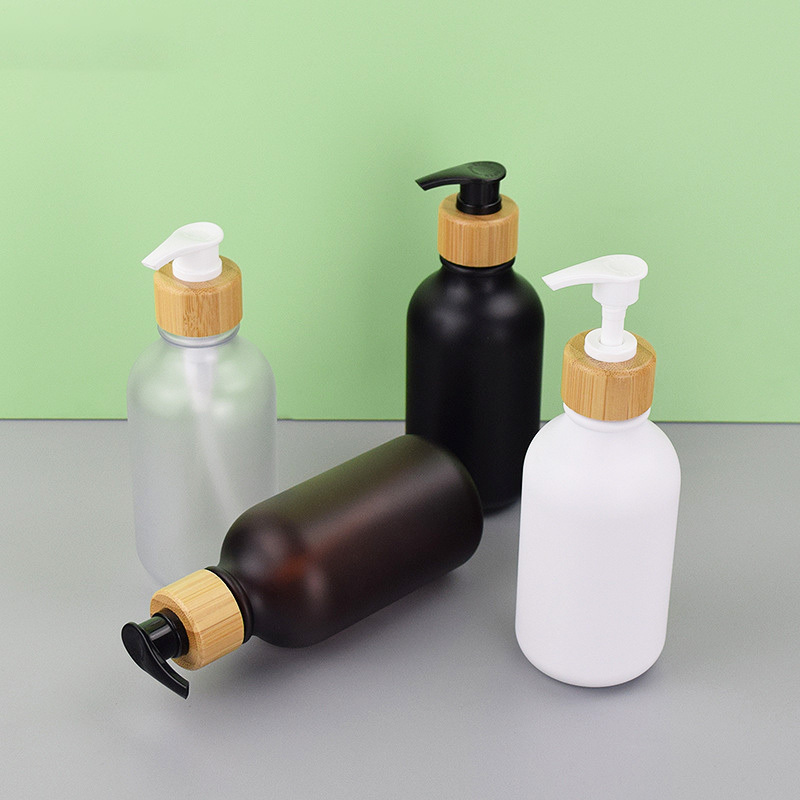 Matte Black 300ml PET Plastic Hotel Hair Shampoo Bottle with Wooden Color Pump Minimum Order Quantity 100pcs