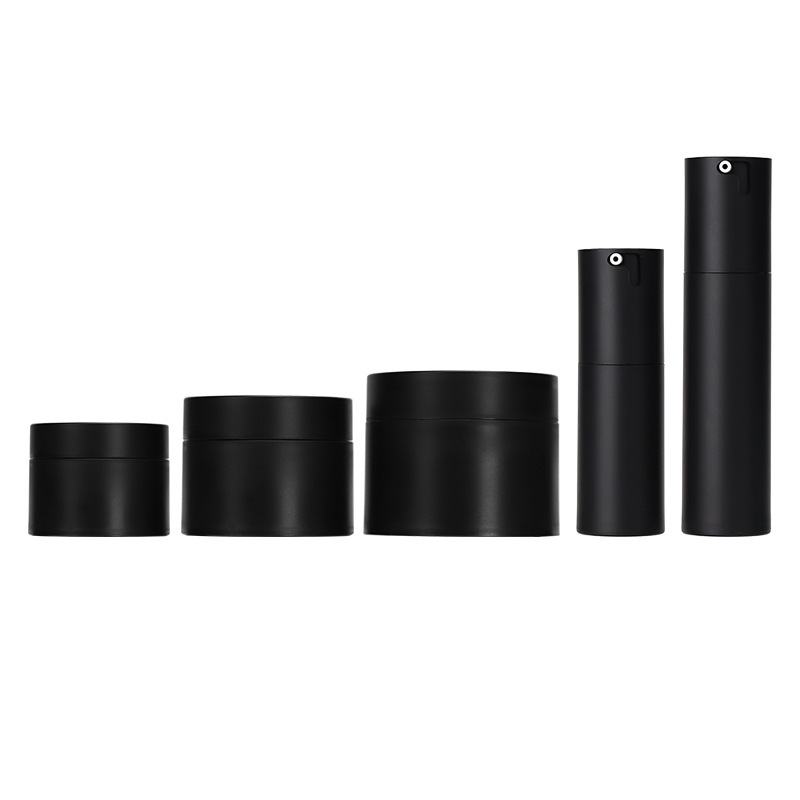 Ready Stock 30g 50g Skincare Packaging Vacuum Pump Bottle Set Black White PP with Cream Jar for Cosmetic Packaging