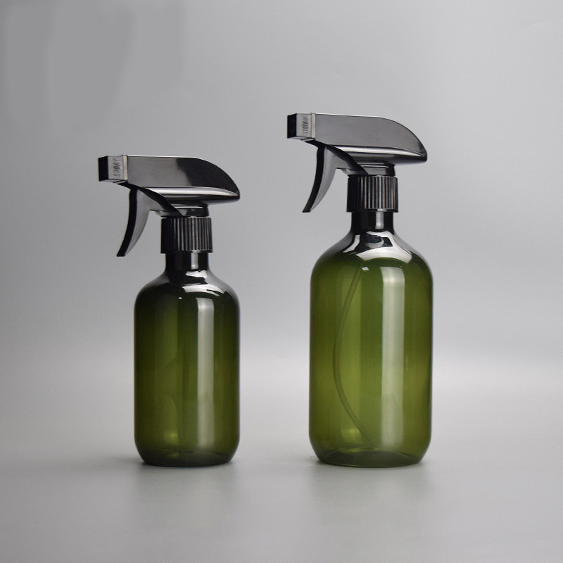 Wholesale 300ml/500ml PET Plastic Liquid Soap Bottle Empty Amber Green with Black Trigger Spray Pump Cap for Skin Care Serum