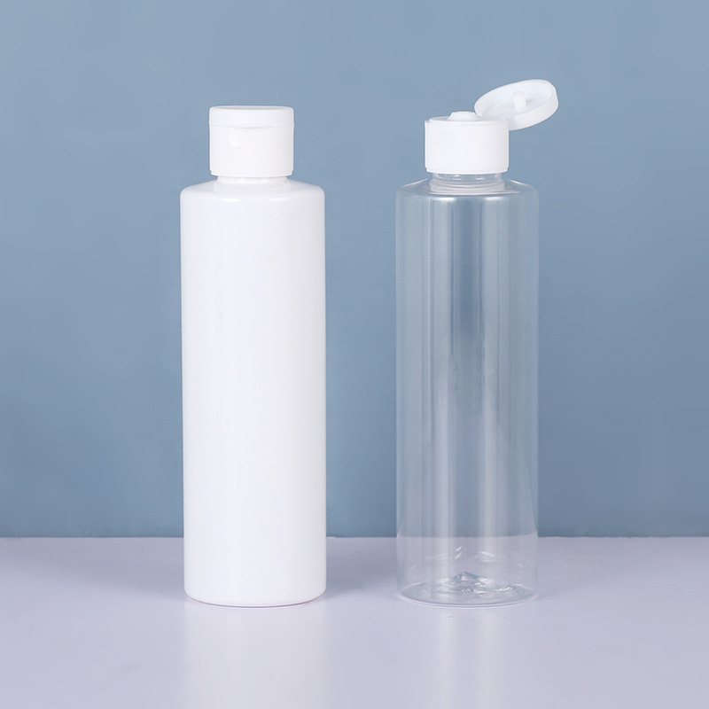 Hangzhou Sunshine Hot Selling Clear Amber White Flat PET Plastic Blue 250ml 8oz Shampoo Flip Top Bottle in Stock