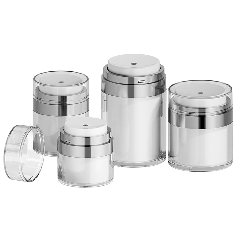 50ml Airless Pump Jar Empty Clear Acrylic Vacuum Cream Jar with Silver Ring White Inner for Face Cream Moisturizer Packaging