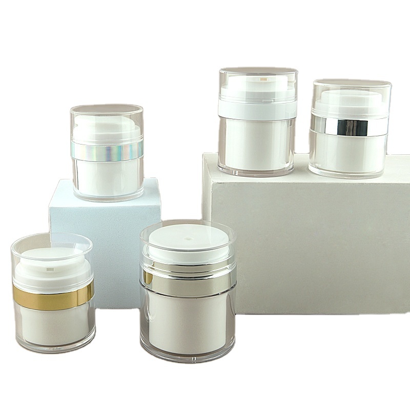 50ml Airless Pump Jar Empty Clear Acrylic Vacuum Cream Jar with Silver Ring White Inner for Face Cream Moisturizer Packaging