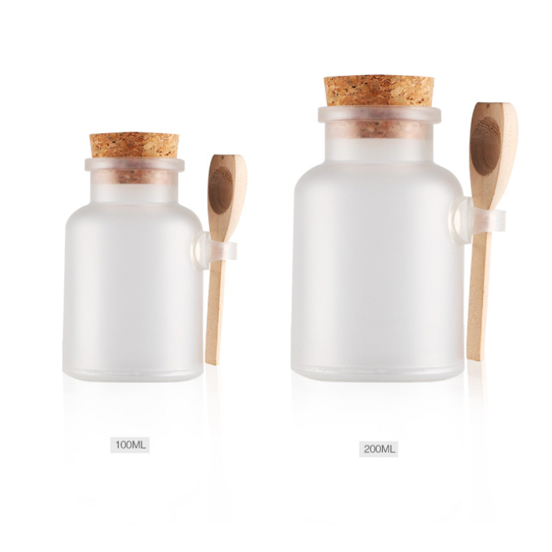 200g Round ABS Bath Salt Plastic Bottle Powder Cream Bottle with Cork Cover Wooden Spoon