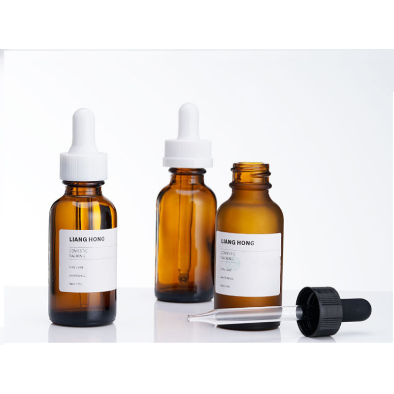 Customized 30ml Amber Round  Essential Oil Glass Dropper Bottle Cosmetics Set for Traveling