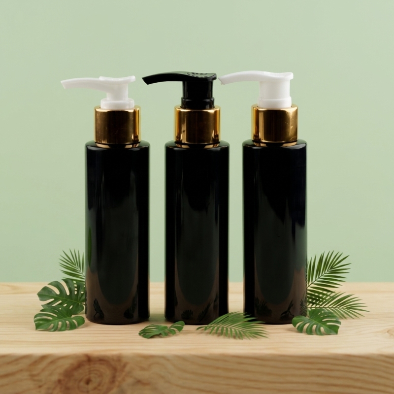 100ml Empty Black Round Flat Shoulder Plastic Bottle with Gold Ring Lotion Pump for Shampoo Body Lotion Serum Cosmetic Packaging