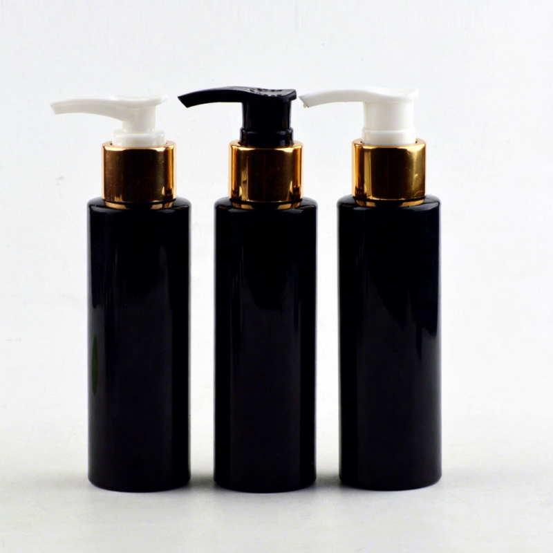 100ml Empty Black Round Flat Shoulder Plastic Bottle with Gold Ring Lotion Pump for Shampoo Body Lotion Serum Cosmetic Packaging