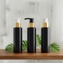 100ml Empty Black Round Flat Shoulder Plastic Bottle with Gold Ring Lotion Pump for Shampoo Body Lotion Serum Cosmetic Packaging