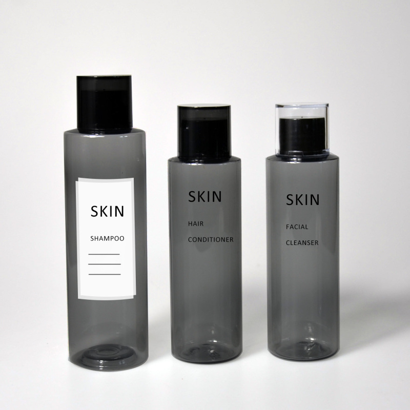 Private Label 150ml 200ml Empty Cosmetic clear Black Plastic Bottles PET Toner with Screw Cap for Shampoo Conditioner Hair Oil