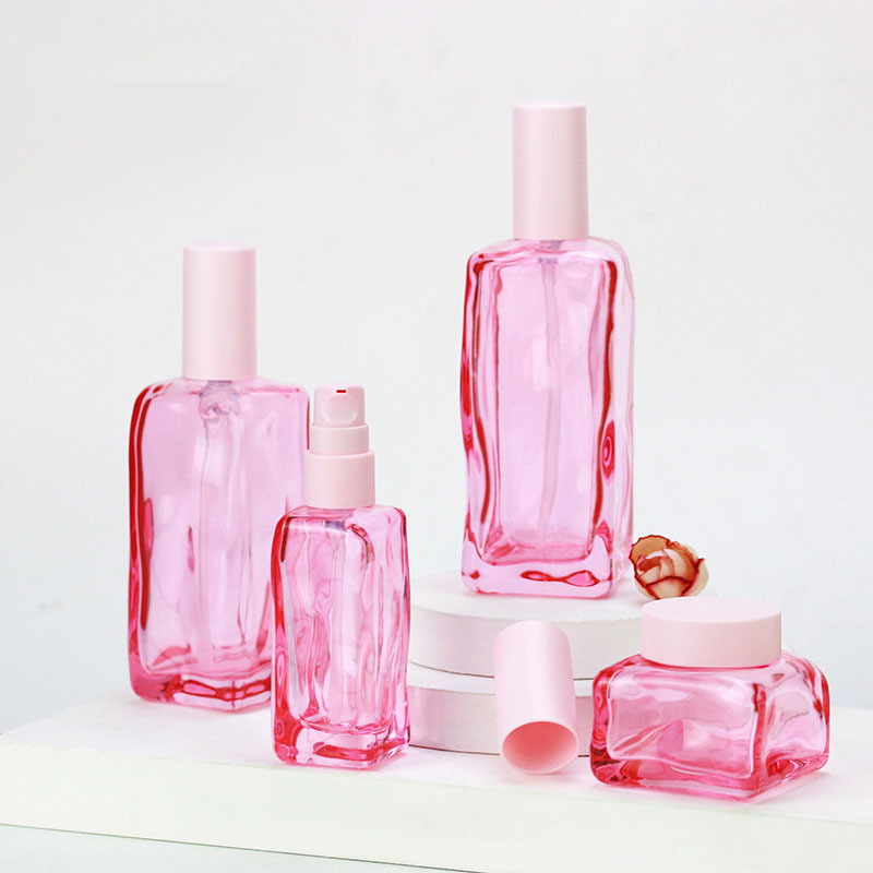 Empty pink Luxury Skincare Lotion Bottles New Cosmetic Packaging Glass Pump Bottle 100ml