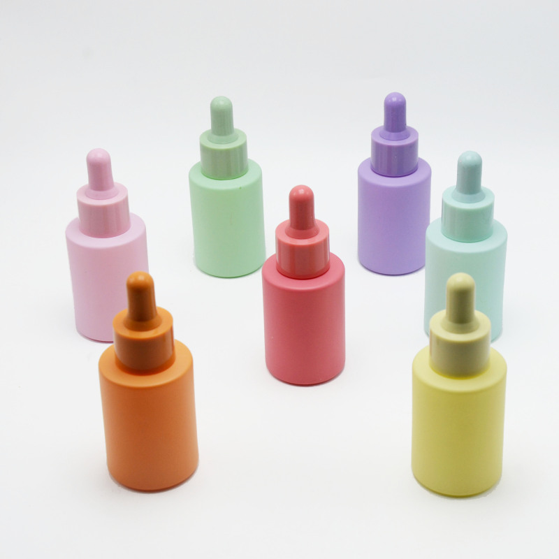 Hangzhou Sunshine Matte Pink Purple Green Blue Flat Shoulder Round Straight Serum 1oz 30ml Essential Oil Glass Dropper Bottles