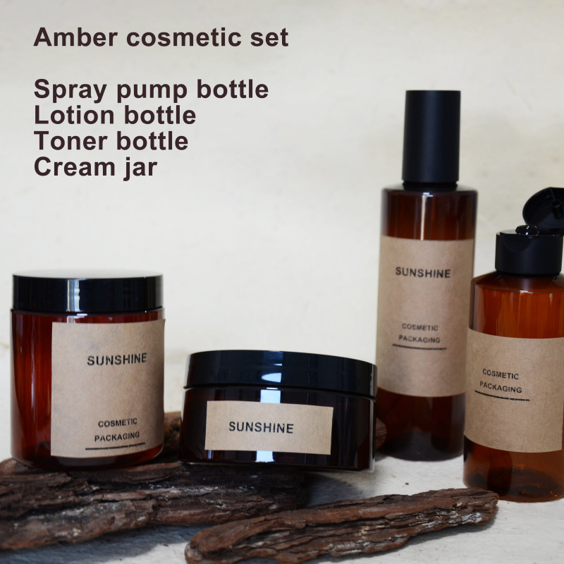 100ml 150ml 200ml Amber Empty Cosmetic Packaging Cosmet Set Recycled Plastic Bottles With Pump for Cosmetics