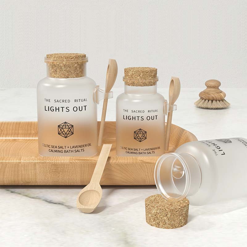 Wholesale Frost ABS Plastic Bath Salt Container Jars With Wood Spoon and Cork Lid 100ml for Cosmetic Packaging