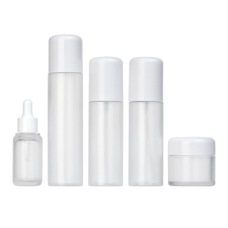 Custom Frosted PET Cosmetic Packaging Set 100ml Lotion Bottle 50g Cream Jar 30ml Dropper Bottle OEM Skincare Packaging