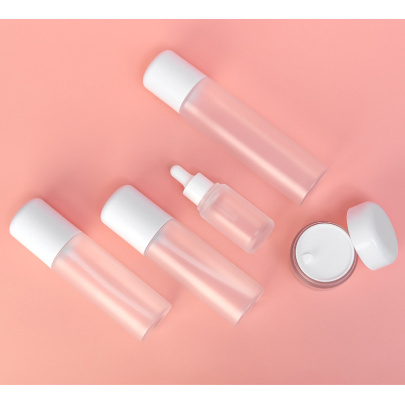 Custom Frosted PET Cosmetic Packaging Set 100ml Lotion Bottle 50g Cream Jar 30ml Dropper Bottle OEM Skincare Packaging