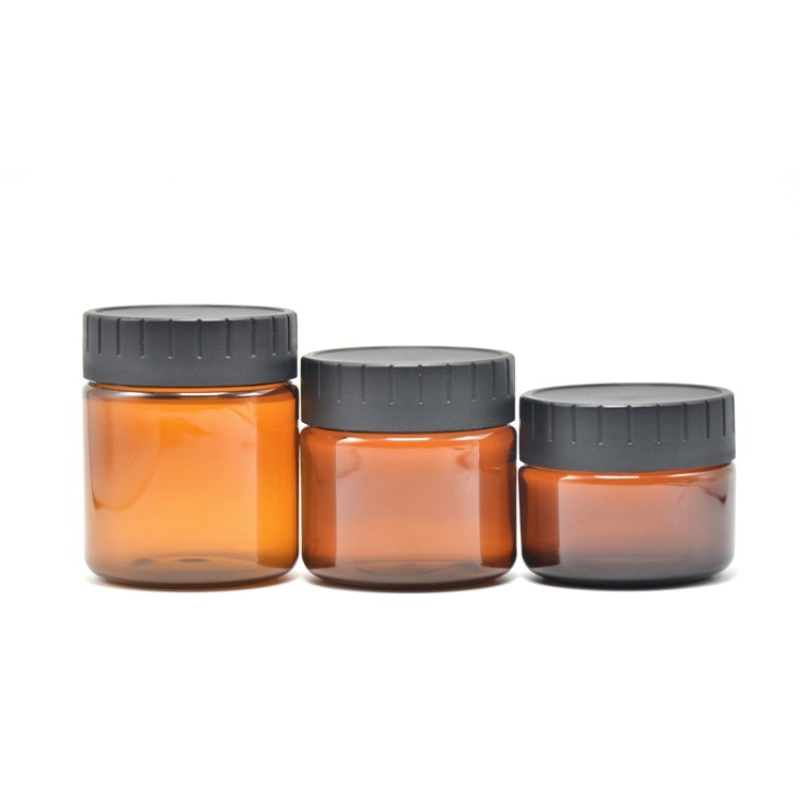 High Quality 3.3oz 100G PET Plastic Amber Cosmetic Jar with Recyclable Screw Top Black Cap High Visibility and Durability