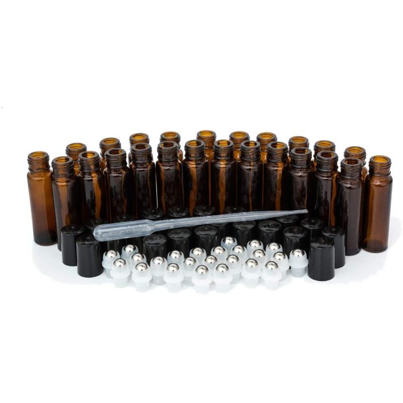 10ml Roller Bottles 24Pack Amber Thick Glass Essential Oil Roller Bottles Stainless Steel Roller Ball with 2 Droppers