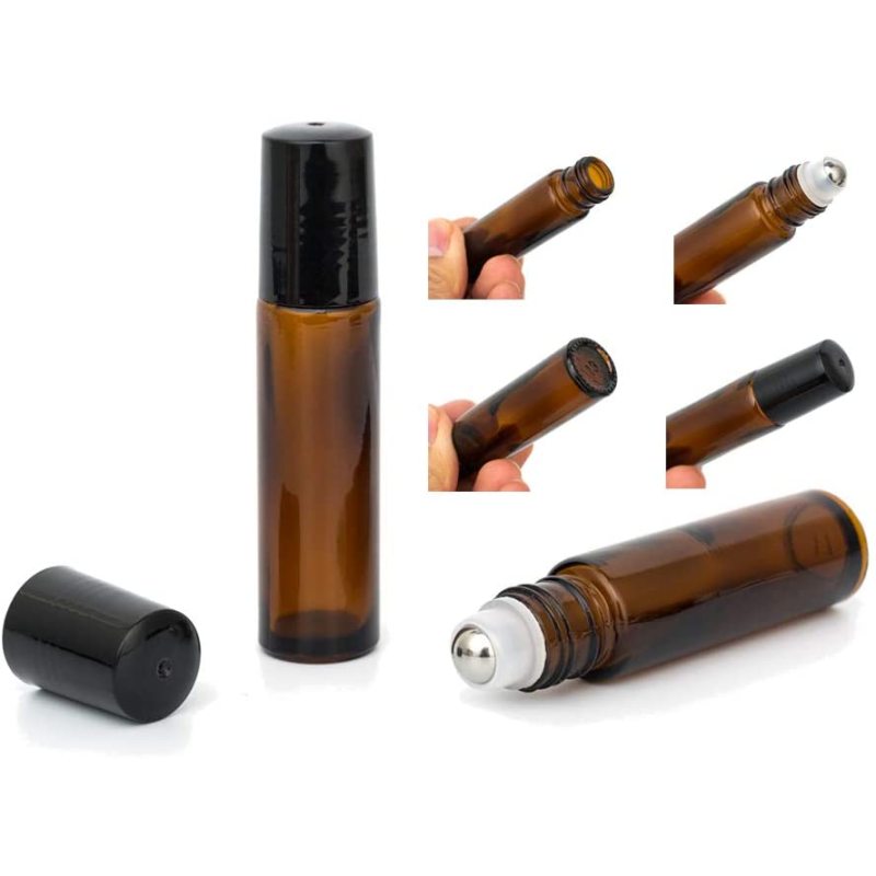 10ml Roller Bottles 24Pack Amber Thick Glass Essential Oil Roller Bottles Stainless Steel Roller Ball with 2 Droppers
