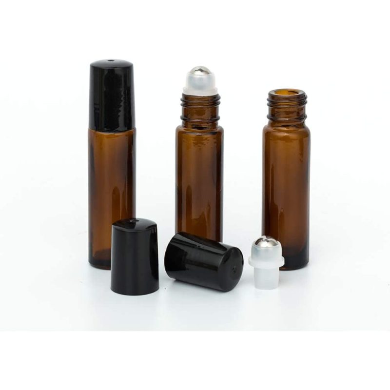 10ml Roller Bottles 24Pack Amber Thick Glass Essential Oil Roller Bottles Stainless Steel Roller Ball with 2 Droppers