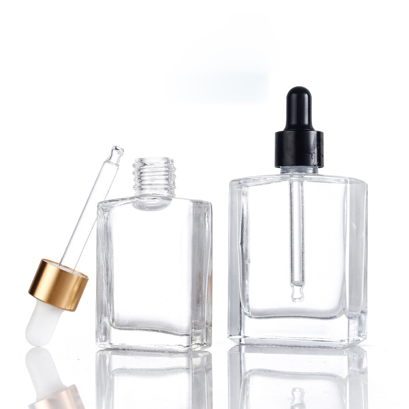 Transparent Square Oil Glass Bottle with Pump Sprayer 15ml 30ml 50ml 100ml Capacities in Stock