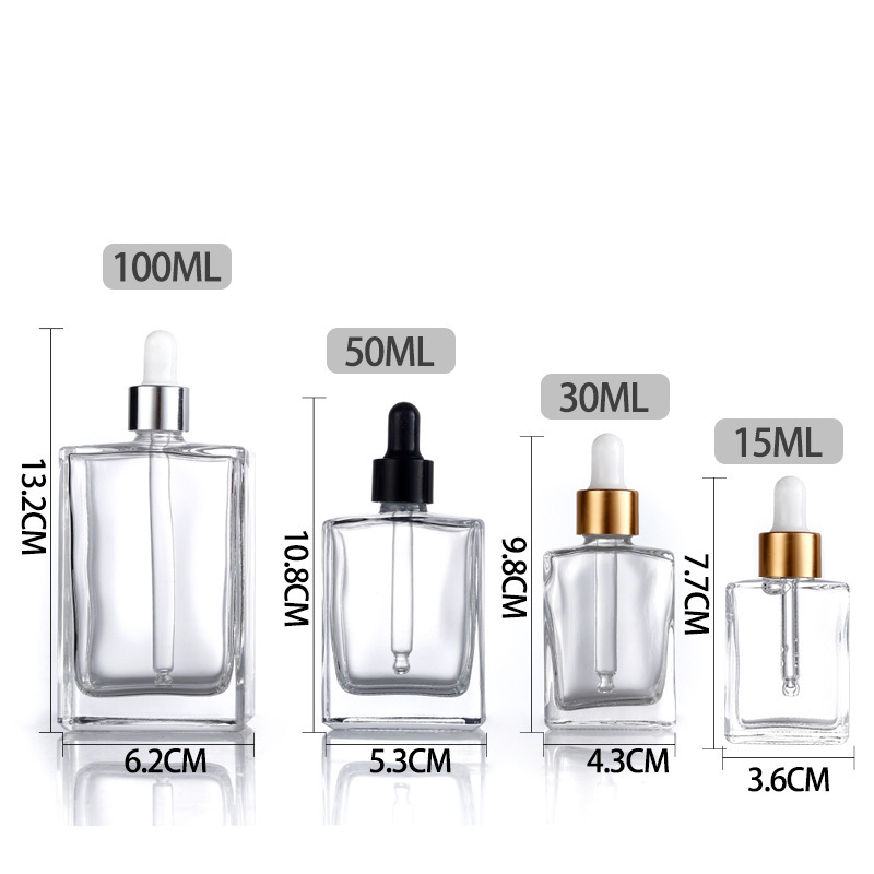 Transparent Square Oil Glass Bottle with Pump Sprayer 15ml 30ml 50ml 100ml Capacities in Stock