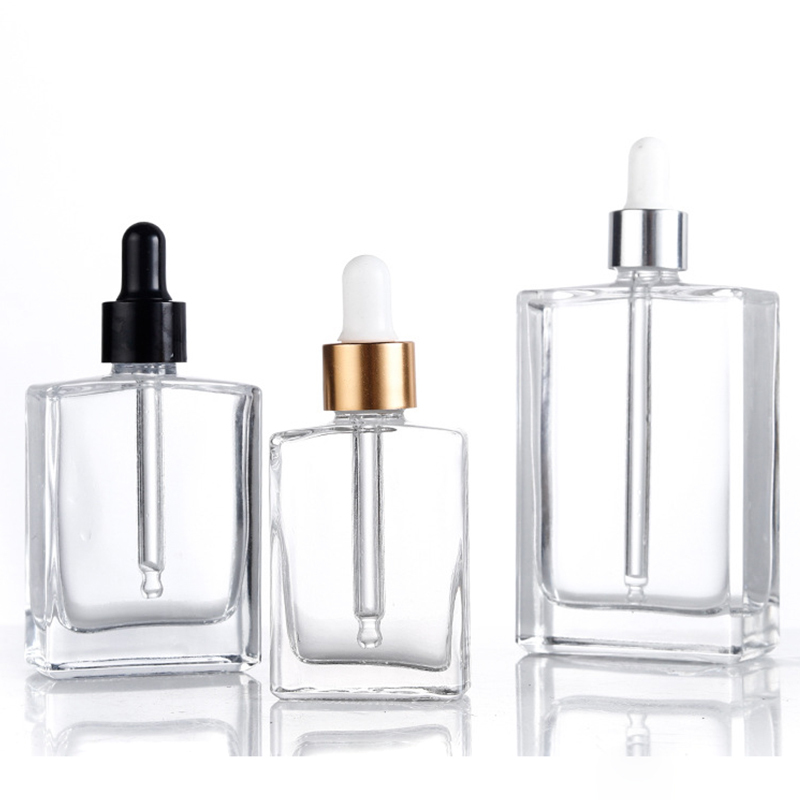 Transparent Square Oil Glass Bottle with Pump Sprayer 15ml 30ml 50ml 100ml Capacities in Stock