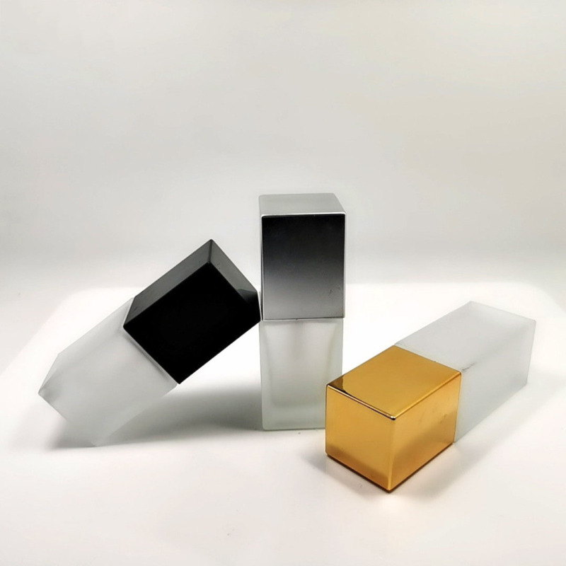 China Made 30ml square clear Cosmetic Black Cap Glass Frosted Lotion Bottle With Pump for Foundation