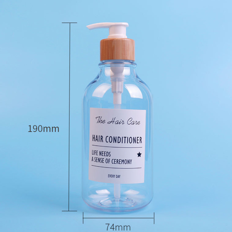 Customizable 500ml Transparent PET Plastic Shampoo Bottles with Bamboo Collar and White Pump