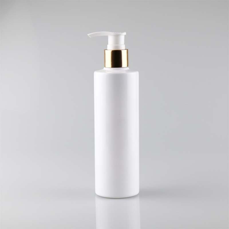 250ml PET Bright Gold Anodized Screw Pump Bottle White Flat Shoulder Cosmetic Container for Lotion and Shampoo