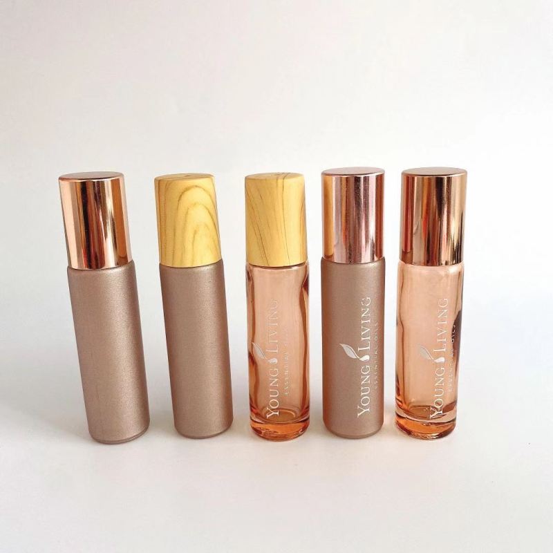 Pink clear Roll on Bottles 10 ml With Wooden Lid Luxury Frosted Empty Glass Bottle Skincare Essential Oil Roller Bottle