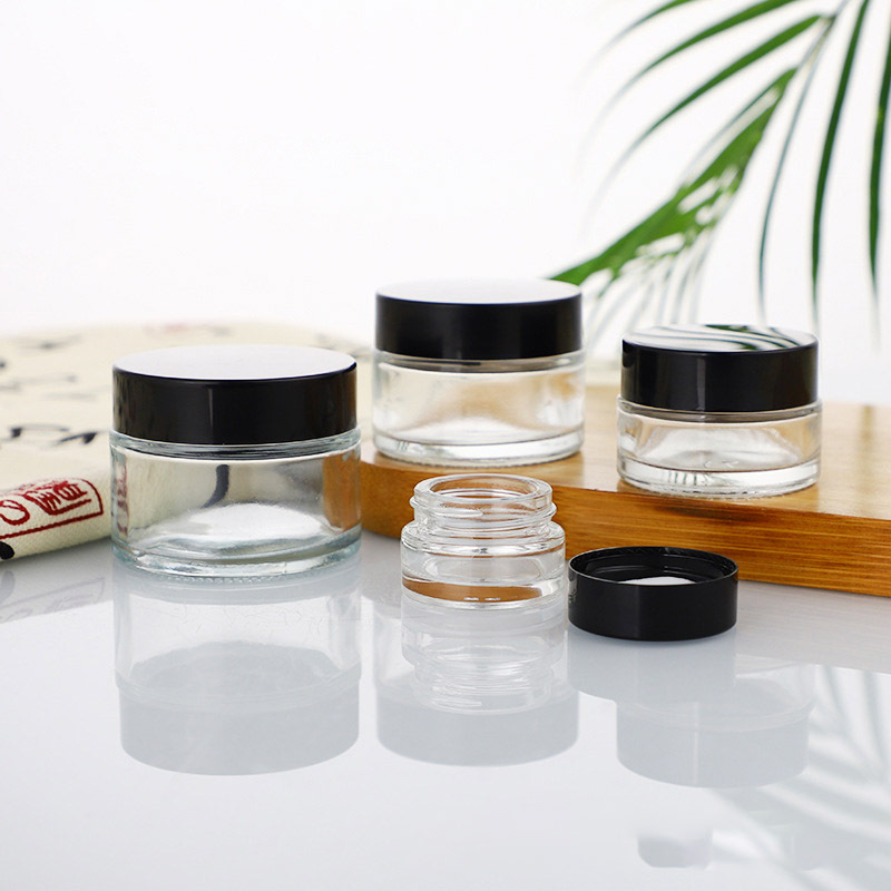 SUNSHINE High Quality Black Cap 2oz Empty Cream Glass Cosmetic Jar with Plastic Lid