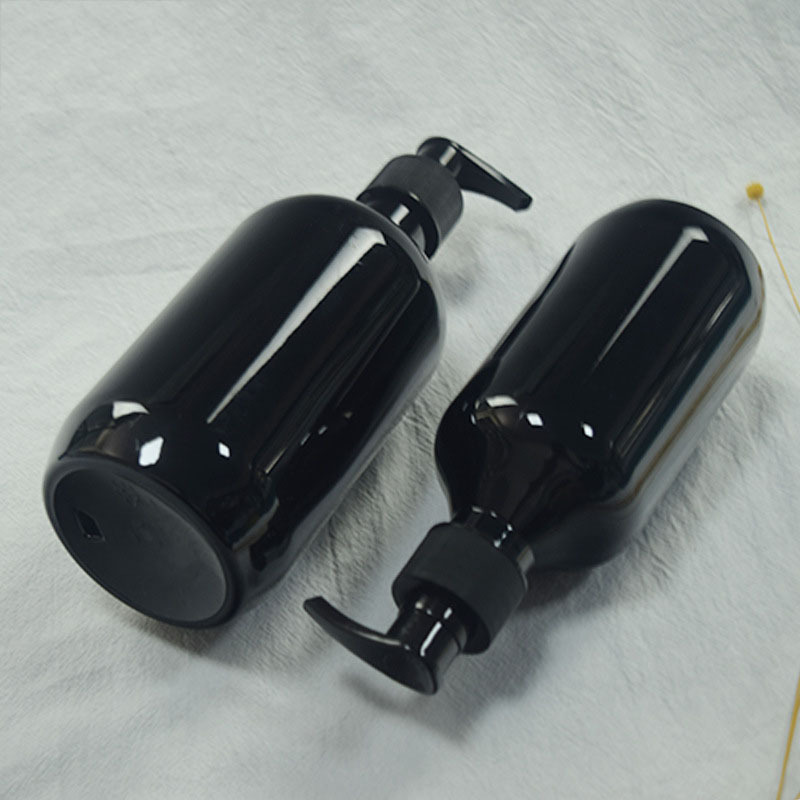 Stock Available PET Skincare 10 oz Cosmetic Empty Round Black Plastic Bottle 300 ml with Press Pump