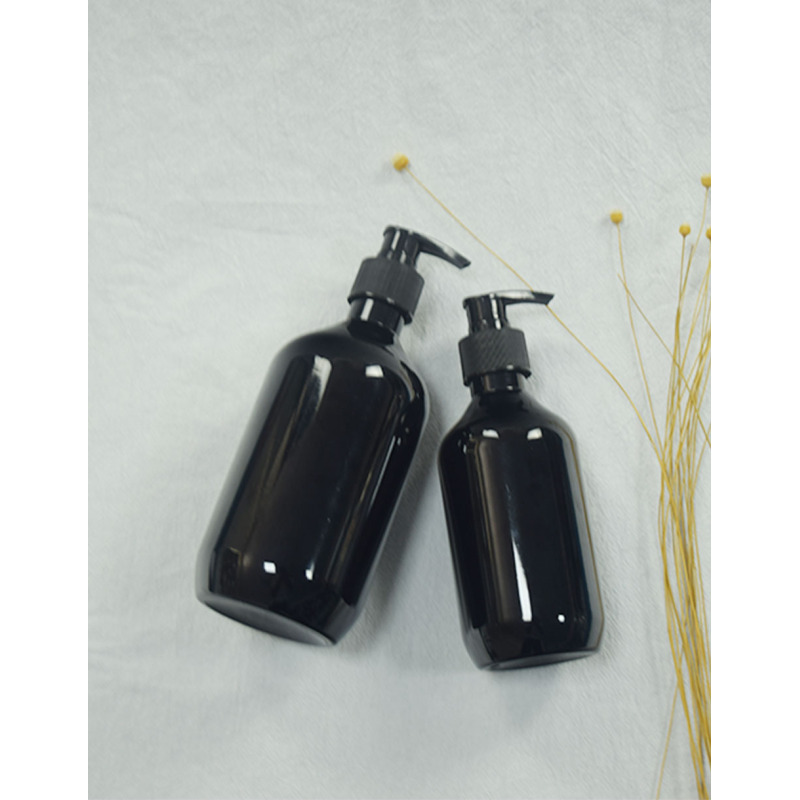 Stock Available PET Skincare 10 oz Cosmetic Empty Round Black Plastic Bottle 300 ml with Press Pump