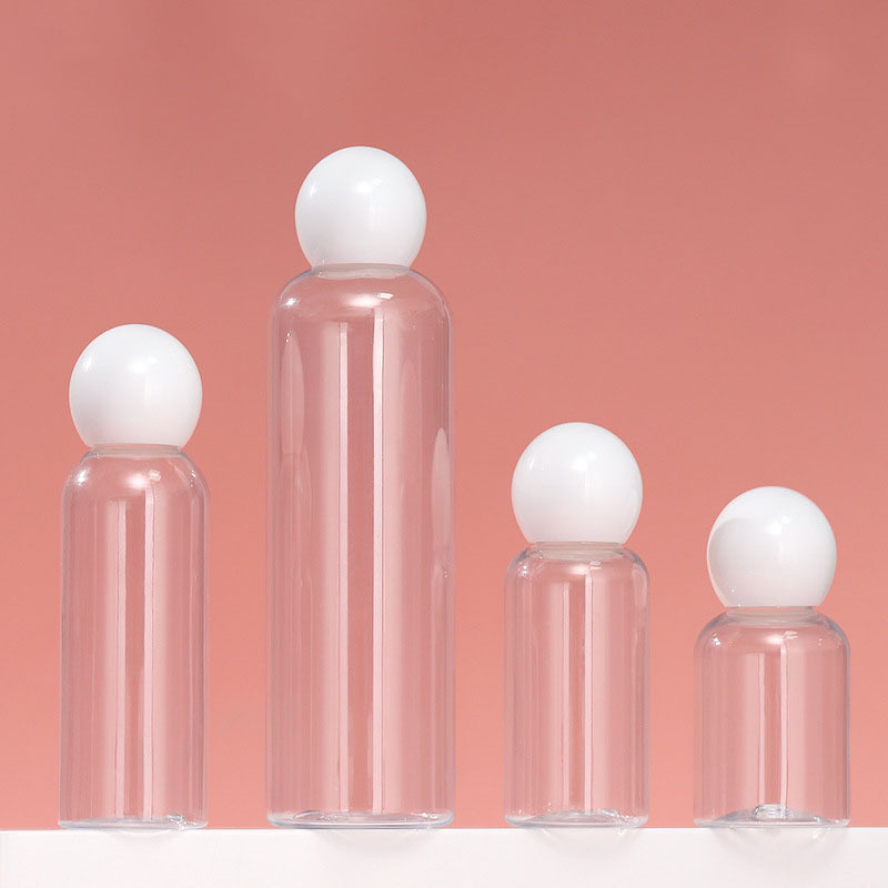 Ready to Ship Skincare 50ml to 250ml Clear Round Shoulder PET Bottle Packaging with PP Ball Cap for Toner Essence Refill