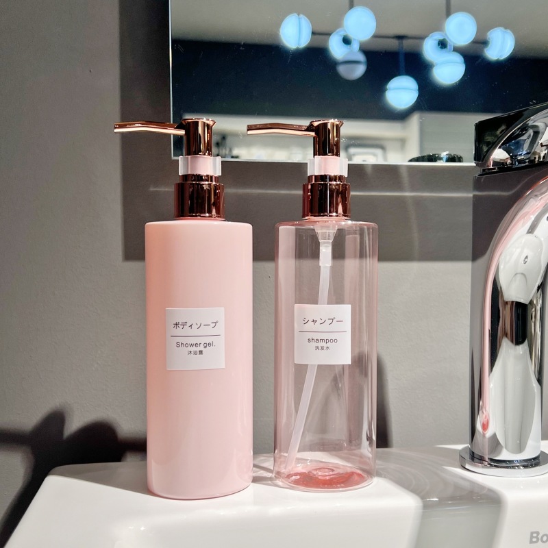 New Beautiful Style Pink Color 250ml 350ml Refillable Plastic Shampoo Shower Soap Dispenser 250 ml Bottles with Waterproof Label