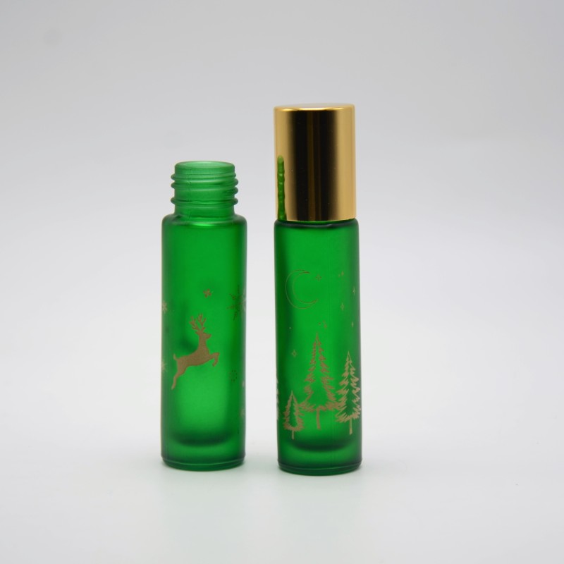 Beautiful 10ml Christmas Tree Elk Pattern Green Essential Oil Roller Bottle Ready to Ship