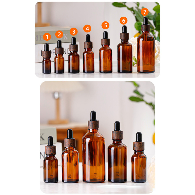 Wholesale Empty Cosmetic Amber Glass Body Oil 15ml 20ml 30ml Dropper Bottle with Wooden Grain Cap