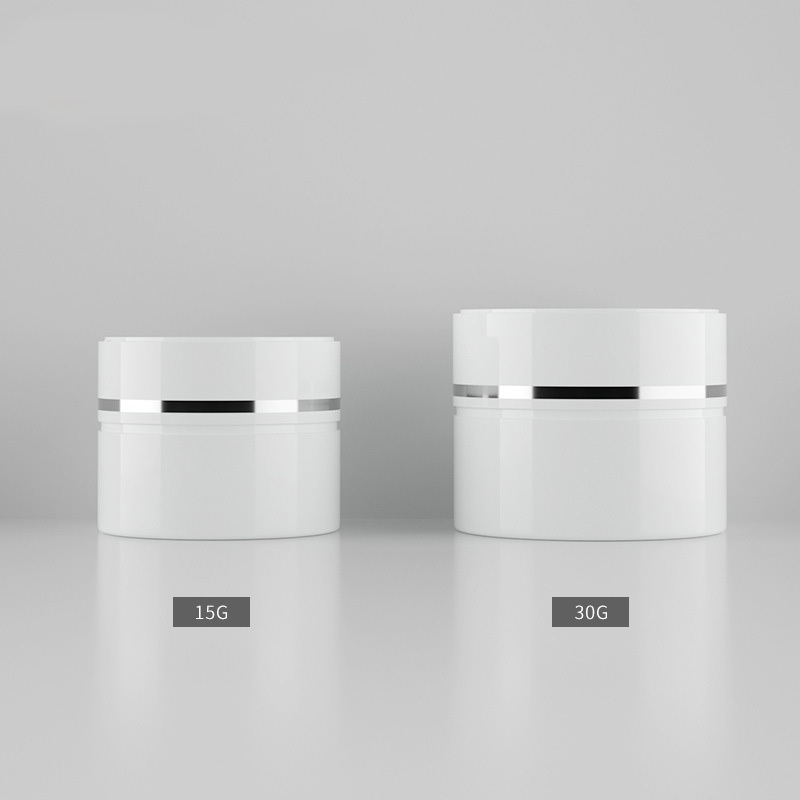 Hot Sale Luxury PS Plastic White 15g 30g Empty Cream Jars Eye Cream and Lotion Storage with Silver Lining Lids