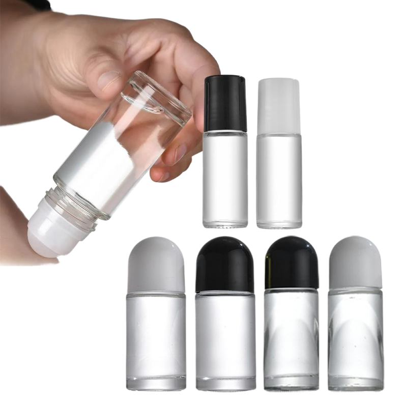 High Quality Empty Roller Perfume Bottle 50ml Round Glass Roll-on Oil Deodorant Bottle with Black Cap