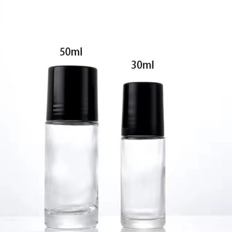 High Quality Empty Roller Perfume Bottle 50ml Round Glass Roll-on Oil Deodorant Bottle with Black Cap
